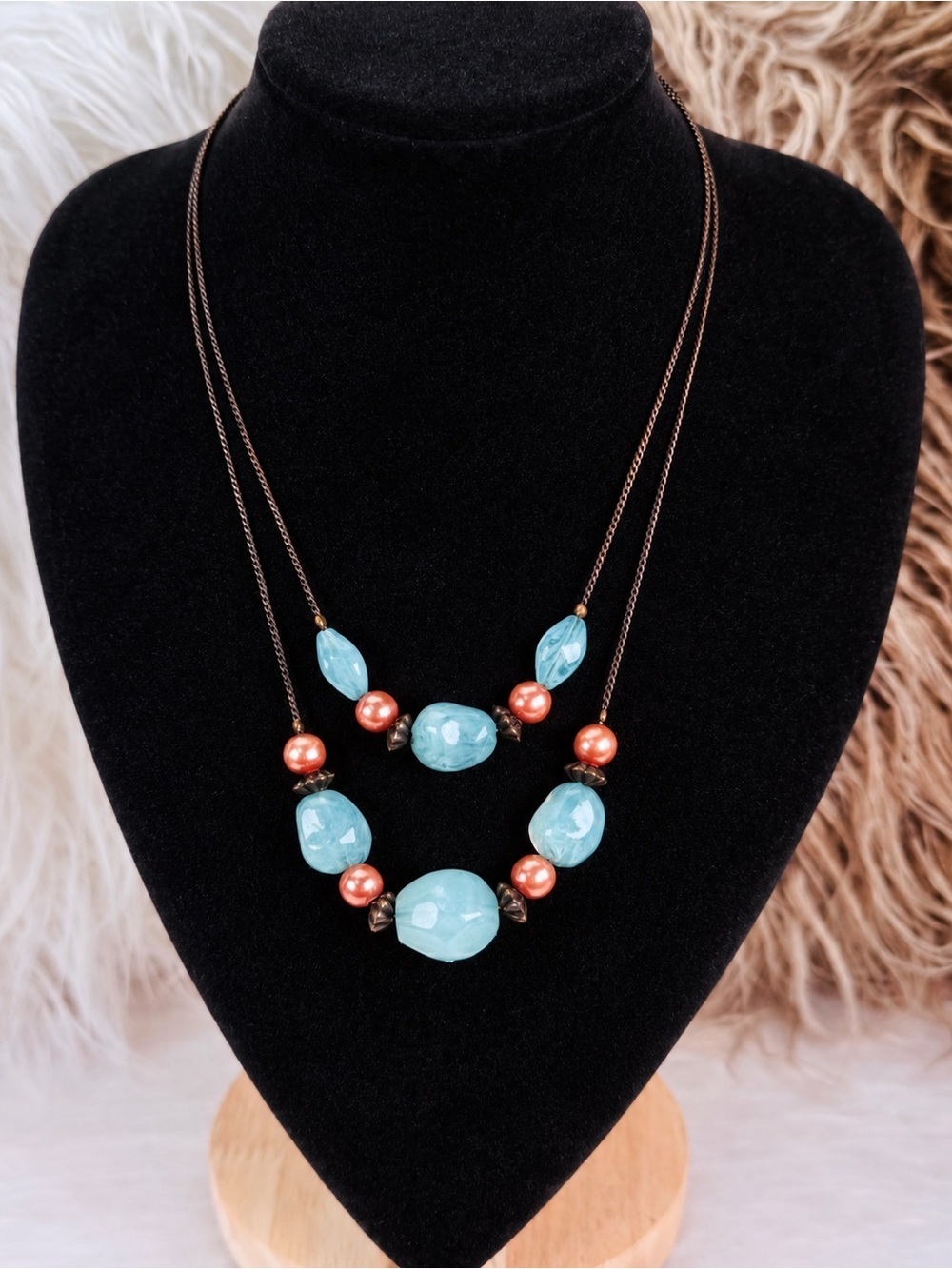Beautiful, bohemian chic, two strand blue multicolored necklace